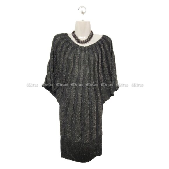 BLACK Glitter Tunic Knit Dress with Butterfly Sleeves ONE SIZE Fits Most - Picture 10 of 12